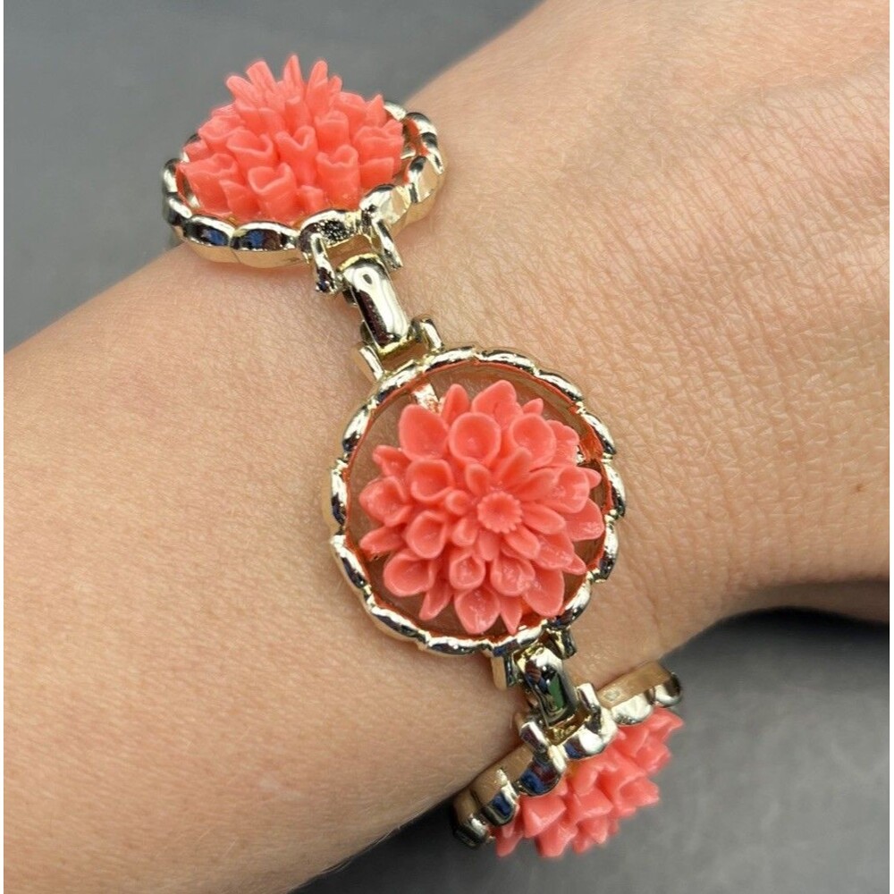 Vintage Emmons Floral Bracelet Pink Dahlia Mum Gold Tone Molded Celluloid Style